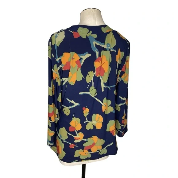 Lauren Ralph Lauren Floral Faux Wrap Top XL Navy D Ring Blouse - Picture 2 of 5